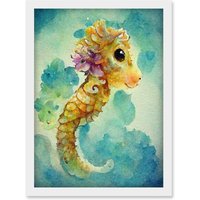 Artery8 Cute Baby Seahorse Kids Bedroom Watercolour Illustration Artwork Framed Wall Art Print A4 in White