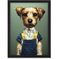 Artery8 Dog In Dungarees Detailed Portrait Photorealistic Artwork Framed Wall Art Print A4 in Black