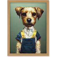Artery8 Dog In Dungarees Detailed Portrait Photorealistic Artwork Framed Wall Art Print A4 in Light Oak