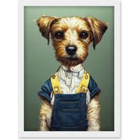 Artery8 Dog In Dungarees Detailed Portrait Photorealistic Artwork Framed Wall Art Print A4 in White