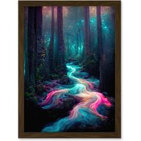 Artery8 The Enchanted Forest Magical Fantasy River Artwork Framed Wall Art Print A4 in Brown