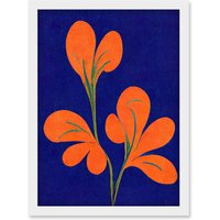 Artery8 Henri Matisse Inspired Bright Abstract Orange Flower Blooms On Royal Blue Artwork Framed Wall Art Print A4 in White