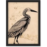 Artery8 Heron Bird Simple Ink Illustration Artwork Framed Wall Art Print A4 in Black