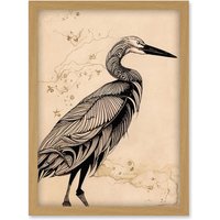 Artery8 Heron Bird Simple Ink Illustration Artwork Framed Wall Art Print A4 in Light Oak