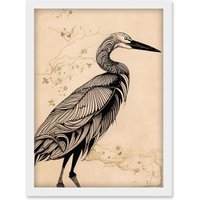Artery8 Heron Bird Simple Ink Illustration Artwork Framed Wall Art Print A4 in White