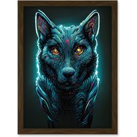 Artery8 Electric Blue Luminescent Wolf Spirit Animal Guide Artwork Framed Wall Art Print A4 in Brown