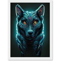 Artery8 Electric Blue Luminescent Wolf Spirit Animal Guide Artwork Framed Wall Art Print A4 in White