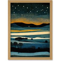 Artery8 Star Filled Twilight Landscape Painting Artwork Framed Wall Art Print A4 in Light Oak