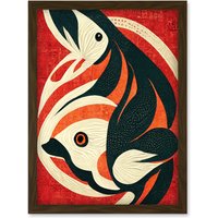 Artery8 Abstract Stylised Japan Koi Carp Fish Painting Artwork Framed Wall Art Print A4 in Brown