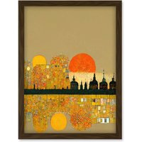 Artery8 Klimt Inspired Autumn Sunset City Skyline Patterns Artwork Framed Wall Art Print A4 in Brown