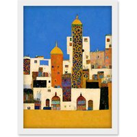 Artery8 Moroccan Cityscape Buildings Klimt Style Bold Artwork Framed Wall Art Print A4 in White