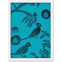 Artery8 Linocut Vintage Blue Birds Jungle Pattern Illustration Teal Artwork Framed Wall Art Print A4 in White