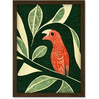 Artery8 Red Parrot On Tree Branch Vintage Linocut Illustration Artwork Framed Wall Art Print A4 in Brown