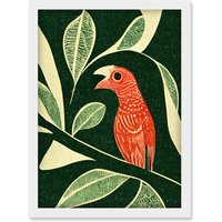 Artery8 Red Parrot On Tree Branch Vintage Linocut Illustration Artwork Framed Wall Art Print A4 in White