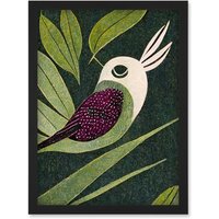 Artery8 Vintage Linocut Illustration Small Bird With Plant Leaves Artwork Framed Wall Art Print A4 in Black