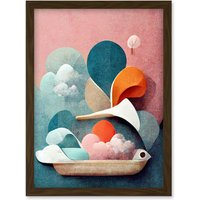 Artery8 Modern Boho Abstract Ship In Sky Clouds In Pastel Colours Toilet Artwork Framed Wall Art Print A4 in Brown