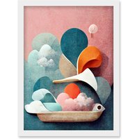 Artery8 Modern Boho Abstract Ship In Sky Clouds In Pastel Colours Toilet Artwork Framed Wall Art Print A4 in White