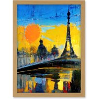 Artery8 Modern Bright Abstract Paris At Sunrise Cityscape Eiffel Tower Artwork Framed Wall Art Print A4 in Light Oak