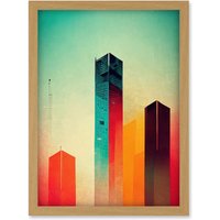 Artery8 Tower Block Skyscrapers Minimalist Skyline Graphic Design Artwork Framed Wall Art Print A4 in Light Oak