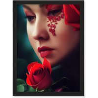 Artery8 Portrait Of Melancholic Woman With Red Roses Painting Artwork Framed Wall Art Print A4 in Black