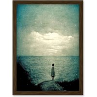 Artery8 Looking Out To Sea Dreamscape Lone Woman Dusk Calm Elegant Panting Artwork Framed Wall Art Print A4 in Brown