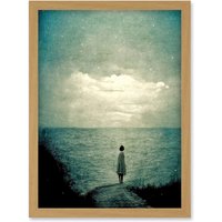 Artery8 Looking Out To Sea Dreamscape Lone Woman Dusk Calm Elegant Panting Artwork Framed Wall Art Print A4 in Light Oak