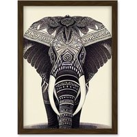 Artery8 Illustration Of Elephant With Tribal Patterns Black & White Artwork Framed Wall Art Print A4 in Brown