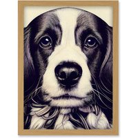 Artery8 Springer Spaniel Puppy Dog Portrait Drawing Artwork Framed Wall Art Print A4 in Light Oak