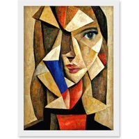 Artery8 Painting Cubism Style Portrait Of Young Woman Beige & Brown Artwork Framed Wall Art Print A4 in White