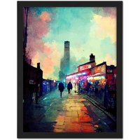 Artery8 Wall Art Print Brick Lane London 1960's Night Street Scene Oil Painting Large Framed Wall Décor Art in White | Size: W18" x H24"