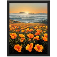 Artery8 Wall Art Print Shoreline California Poppies At Sunrise Painting Large Framed Wall Décor Art in Black | Size: W18" x H24"
