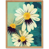 Artery8 Wall Art Print Abstract Daisy Blossoms Flowers Painting Art Framed in Light Oak | Size: W12" x H16"