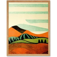 Artery8 Wall Art Print Abstract Eclectic Tangerine & Olive Countryside Linocut Art Framed in Light Oak | Size: W12" x H16"