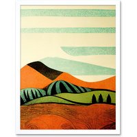 Artery8 Wall Art Print Abstract Eclectic Tangerine & Olive Countryside Linocut Art Framed in White | Size: W12" x H16"