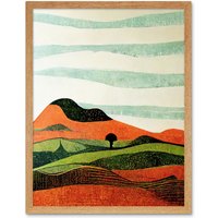 Artery8 Wall Art Print Abstract Eclectic Tangerine & Olive Nature Landscape Linocut Art Framed in Light Oak | Size: W12" x H16"