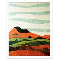 Artery8 Wall Art Print Abstract Eclectic Tangerine & Olive Nature Landscape Linocut Art Framed in White | Size: W12" x H16"