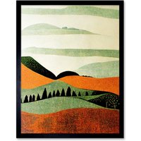 Artery8 Wall Art Print Abstract Eclectic Tangerine & Olive Nature Landscape Linocut Minimalism Drawing Art Framed in Black | Size: W12" x H16"