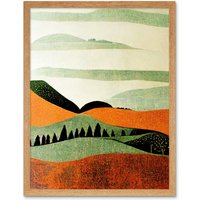 Artery8 Wall Art Print Abstract Eclectic Tangerine & Olive Nature Landscape Linocut Minimalism Drawing Art Framed in Light Oak | Size: W12" x H16"