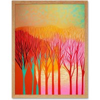 Artery8 Wall Art Print Forest Treetops Linocut Vibrant Bold Art Framed in Light Oak | Size: W12" x H16"