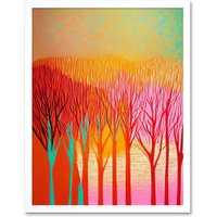 Artery8 Wall Art Print Forest Treetops Linocut Vibrant Bold Art Framed in White | Size: W12" x H16"