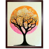 Artery8 Wall Art Print Tranquil Tree Silhouette Abstract Enchanted Linocut Art Framed in Brown | Size: W12" x H16"