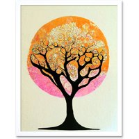 Artery8 Wall Art Print Tranquil Tree Silhouette Abstract Enchanted Linocut Art Framed in White | Size: W12" x H16"