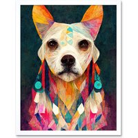Artery8 Wall Art Print Boho Chic Shaman Dog Mystical Painting Art Framed in White | Size: W12" x H16"