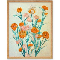 Artery8 Wall Art Print Boho Marigold Flowers Teal Orange Painting Art Framed in Light Oak | Size: W12" x H16"