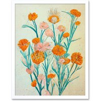 Artery8 Wall Art Print Boho Marigold Flowers Teal Orange Painting Art Framed in White | Size: W12" x H16"