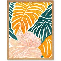 Artery8 Wall Art Print Orange Pastel Pink Green Monstera Plant Leaf Boho Linocut Art Framed in Light Oak | Size: W12" x H16"