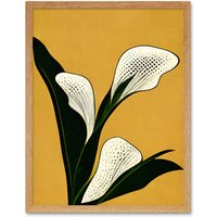Artery8 Wall Art Print Art Deco Pop Art White Calla Lily Flower Plant Art Framed in Light Oak | Size: W12" x H16"