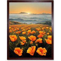 Artery8 Wall Art Print Shoreline California Poppies At Sunrise Painting Art Framed in Brown | Size: W12" x H16"