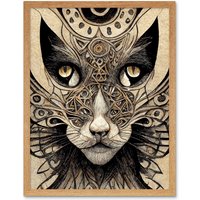 Artery8 Wall Art Print Abstract Cat Face Close Up With Tribal Patterns Textured Mask Art Framed in Light Oak | Size: W12" x H16"