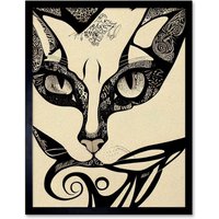 Artery8 Wall Art Print Abstract Boho Portrait Cat Sketch Cat Tribal Intricate Art Framed in Black | Size: W12" x H16"